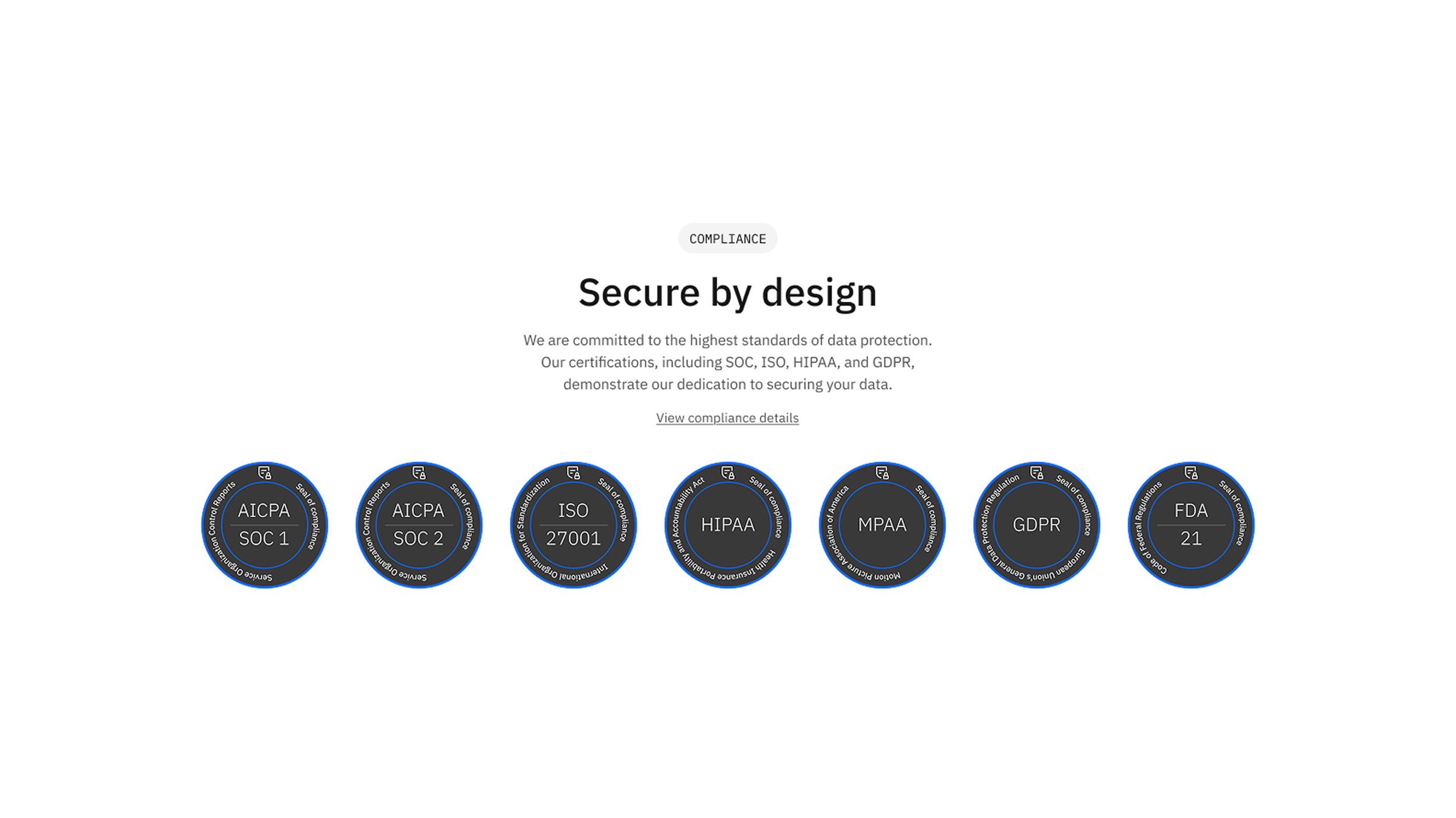 Compliance section displaying SOC, ISO, HIPAA, and GDPR certification badges