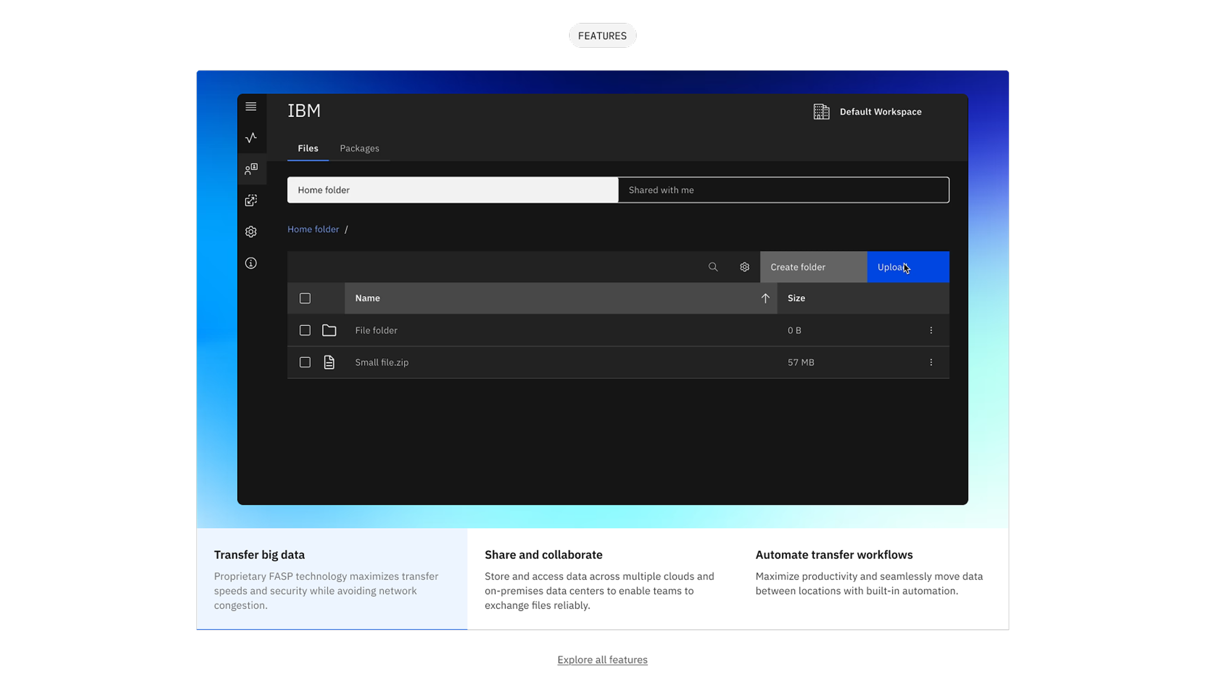 Features section pairing product UI with plain-language benefit statements