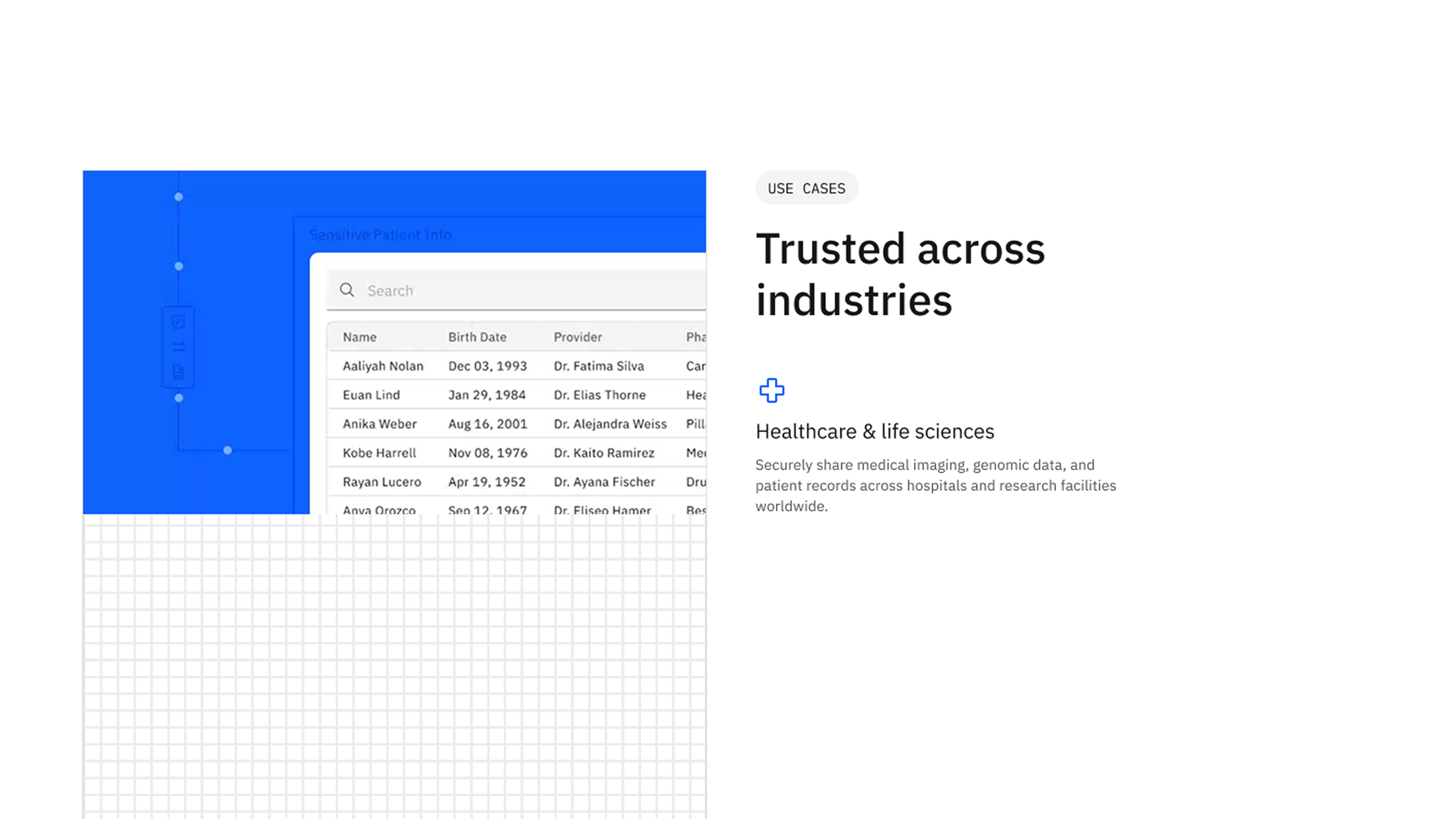 Use cases section showing industry-specific applications like healthcare and life sciences