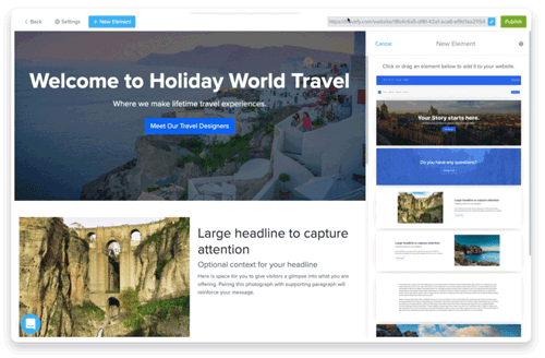 Dragging a new element into place in the Travefy website builder